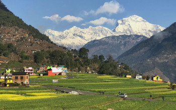 रत्नेचौरको हरियाली र मौसम खुलेपछि देखिएको धौलागिरी हिमाल