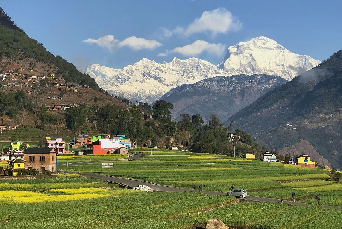 रत्नेचौरको हरियाली र मौसम खुलेपछि देखिएको धौलागिरी हिमाल